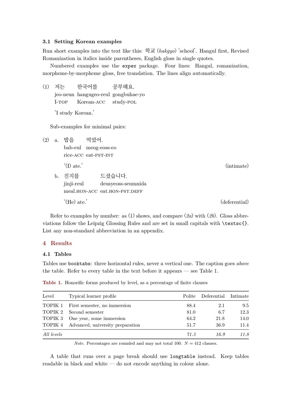 Preview of a later page, showing numbered glossed Korean examples and a booktabs table