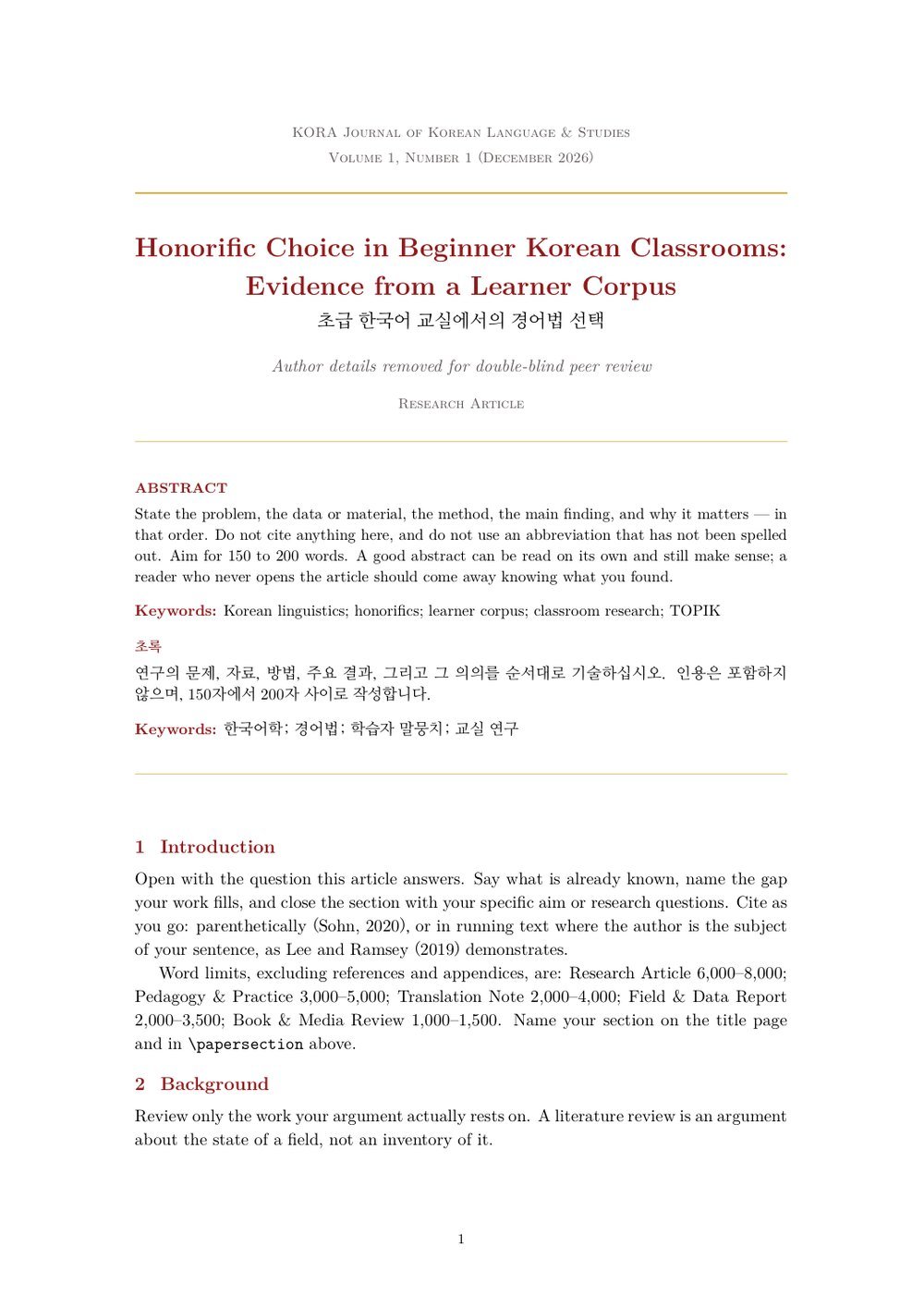Preview of the first page of the compiled KJKS template, showing the journal masthead, title, anonymised author line, abstract and Korean abstract